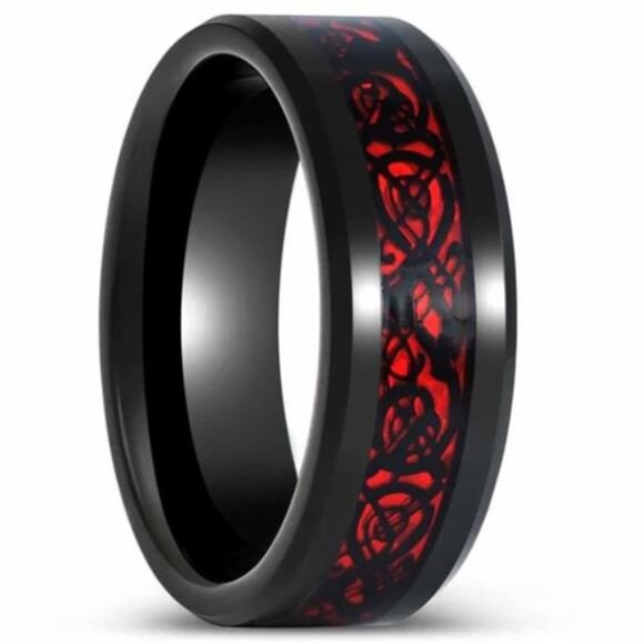 Men's Wedding Band Rings - Red Celtic Dragon Black Carbon Fiber - Wedding Rings - Picture 1 of 5